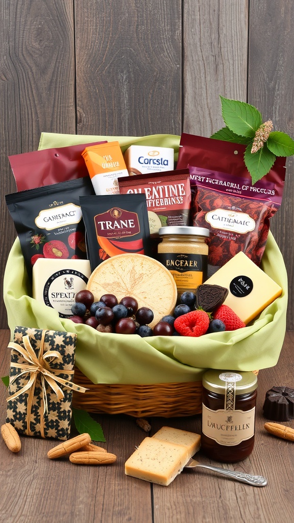 A snack hamper filled with cheeses, meats, fruits, and chocolates on a rustic wooden table.